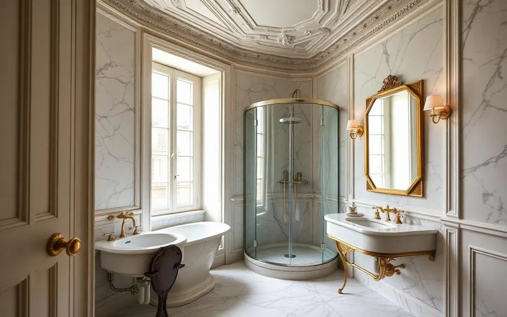 Salle de bain haussmannienne rénovée avec marbre et douche italienne