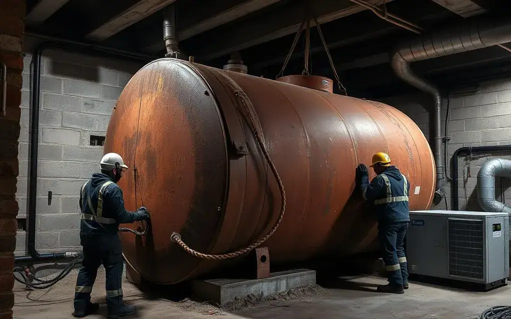 Dépose d'une ancienne cuve à fioul dans un sous-sol parisien
