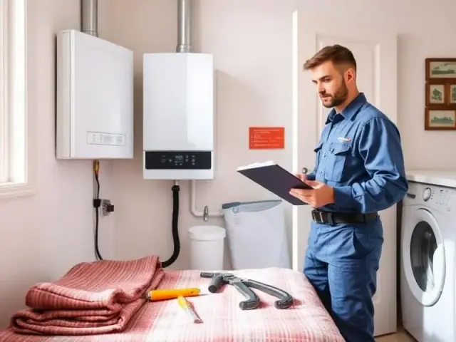 Technicien nettoyant le brûleur d'une chaudière gaz