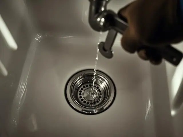 Fuite d'eau sous un évier de cuisine en cours de réparation